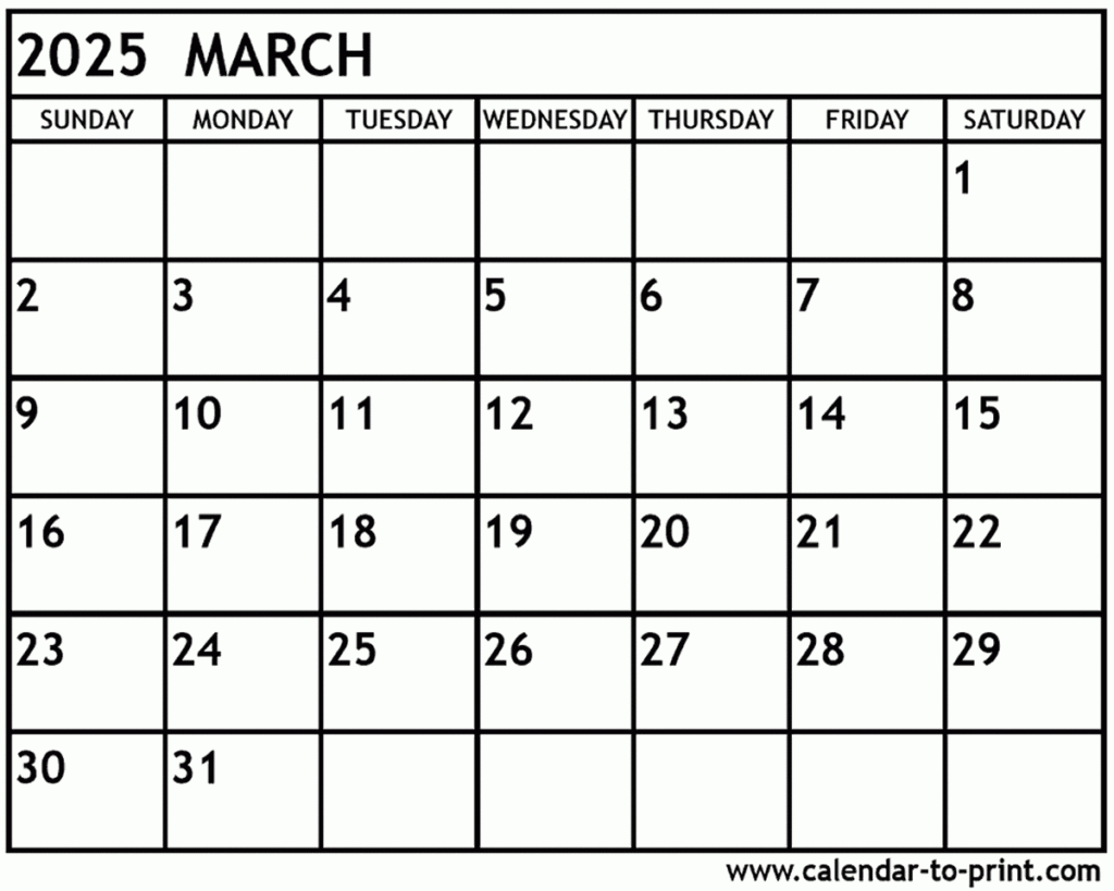 March 2025 Calendar Printable Throughout Calendar 2025 March Printable | CalendarCrazePrint.Com