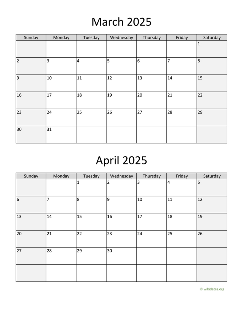 March And April 2025 Calendar | Wikidates In March April 2025 Calendar Printable | CalendarCrazePrint.Com