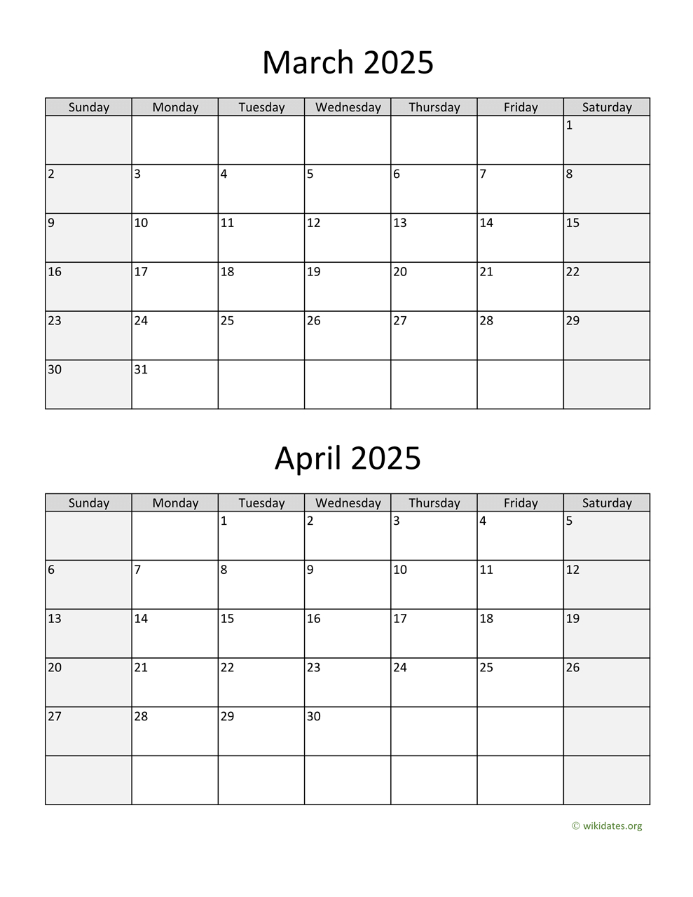 March And April 2025 Calendar | Wikidates in March April 2025 Calendar Printable | CalendarCrazePrint.Com