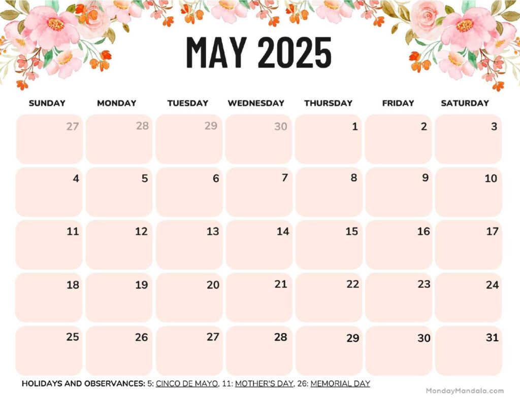 May 2025 Calendar (52 Free Pdf Printables) In 2025 May Calendar Printable  | CalendarCrazePrint.Com