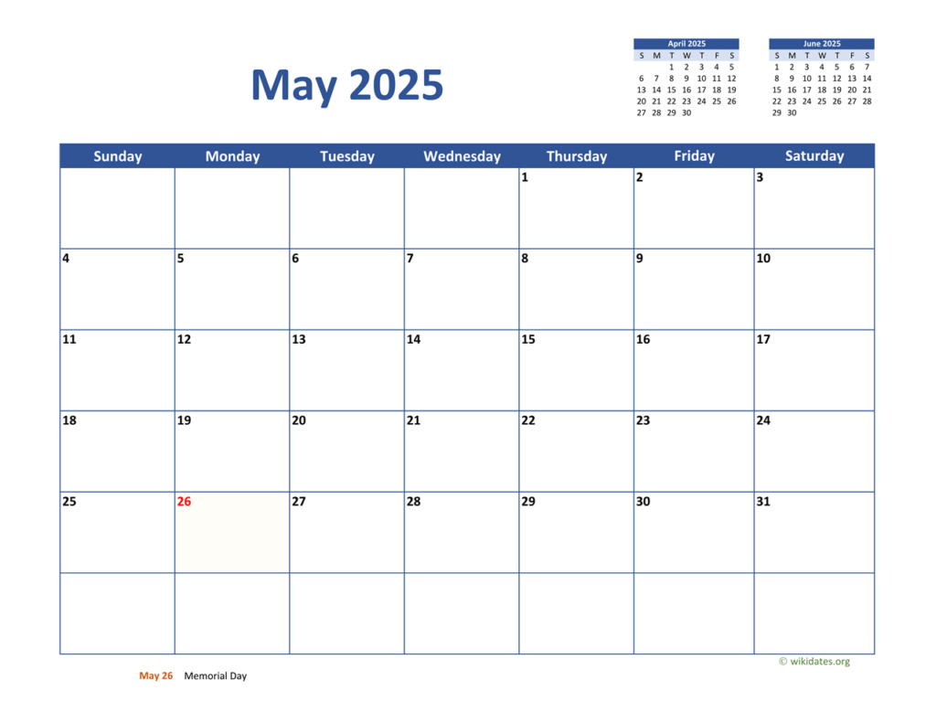 May 2025 Calendar Classic | Wikidates Intended For  Calendars 2025 | CalendarCrazePrint.Com