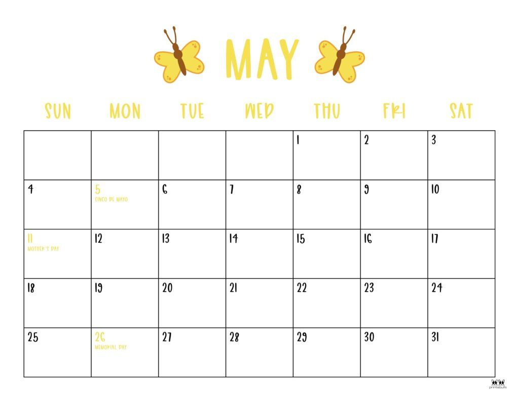 May 2025 Calendars - 107 Free Printables | Printabulls with Calendars 2025 | CalendarCrazePrint.Com