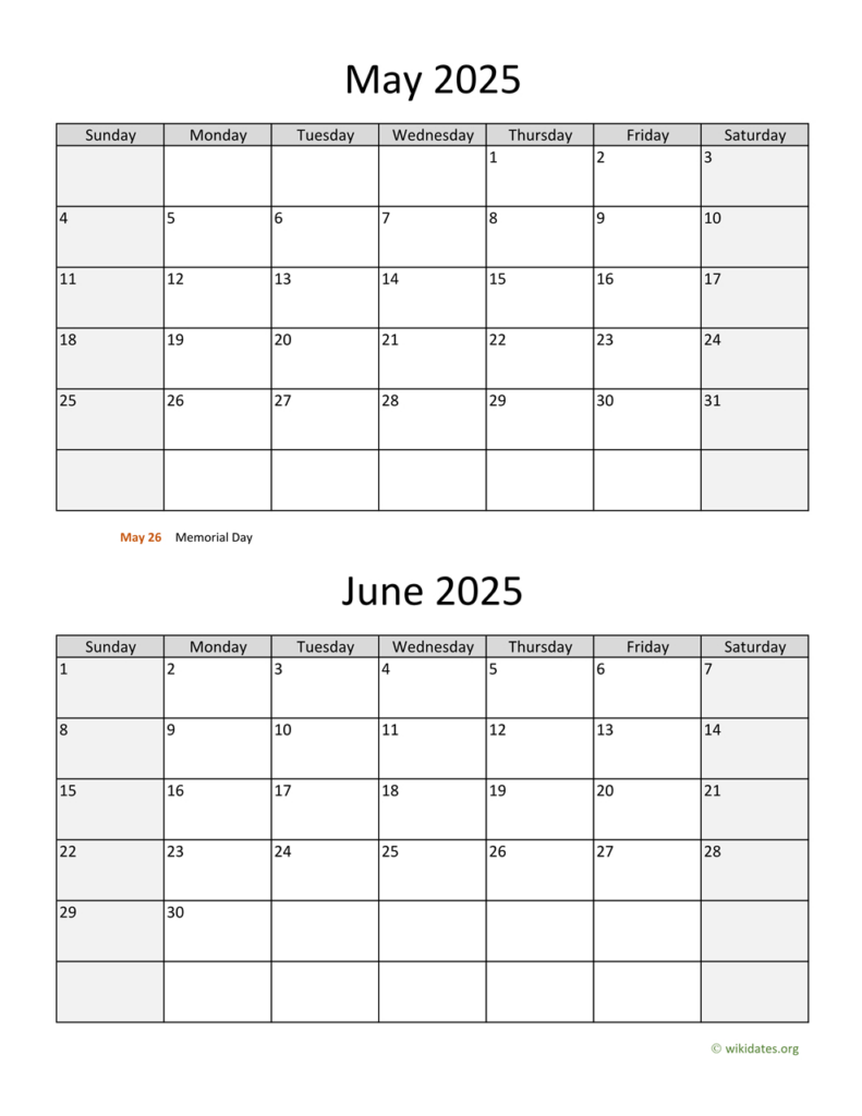 May And June 2025 Calendar | Wikidates Within  Calendars 2025 | CalendarCrazePrint.Com