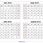 May To August 2025 Calendar Printable Pdf | Four Months Calendar Intended For  Calendars 2025 | CalendarCrazePrint.Com