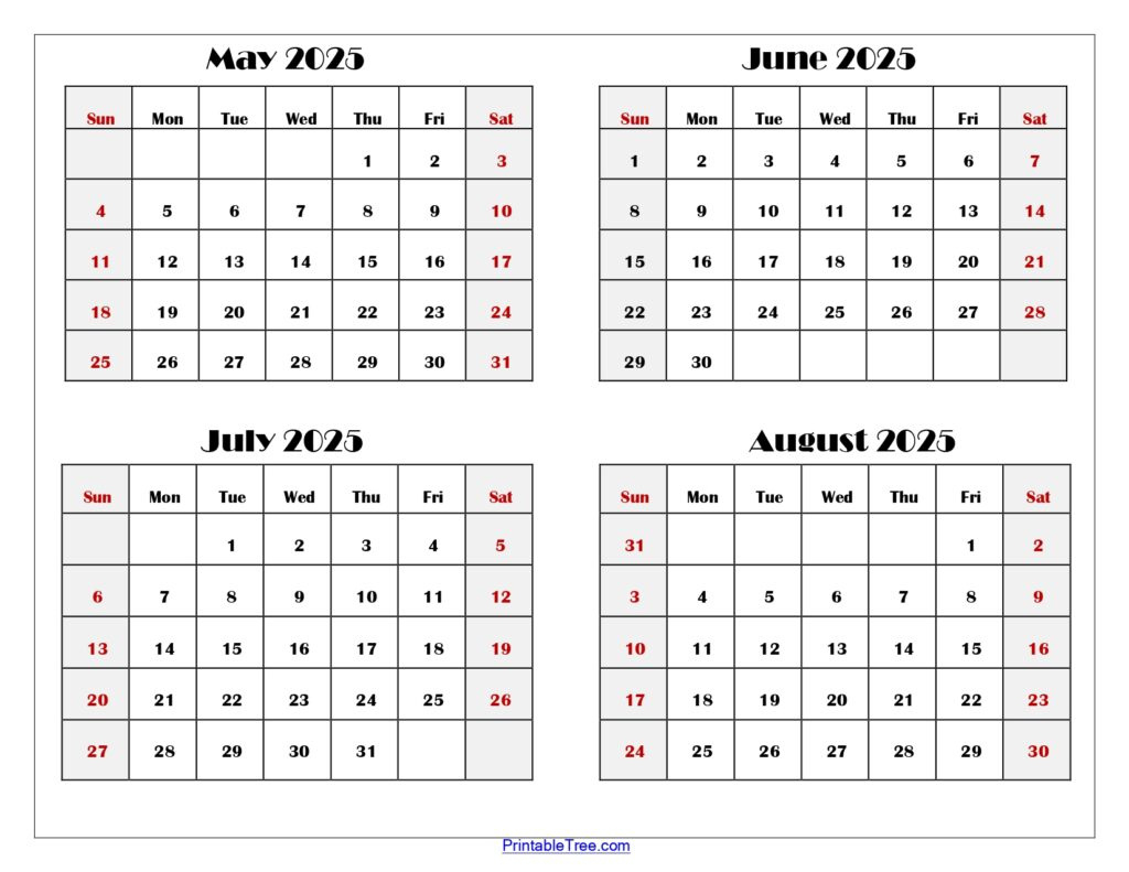 May To August 2025 Calendar Printable Pdf | Four Months Calendar intended for Calendars 2025 | CalendarCrazePrint.Com