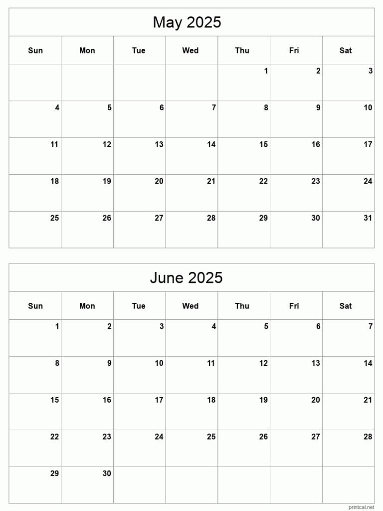 May To June 2025 Printable Calendar | Two Months Per Page In 2 Month Printable Calendar 2025  | CalendarCrazePrint.Com