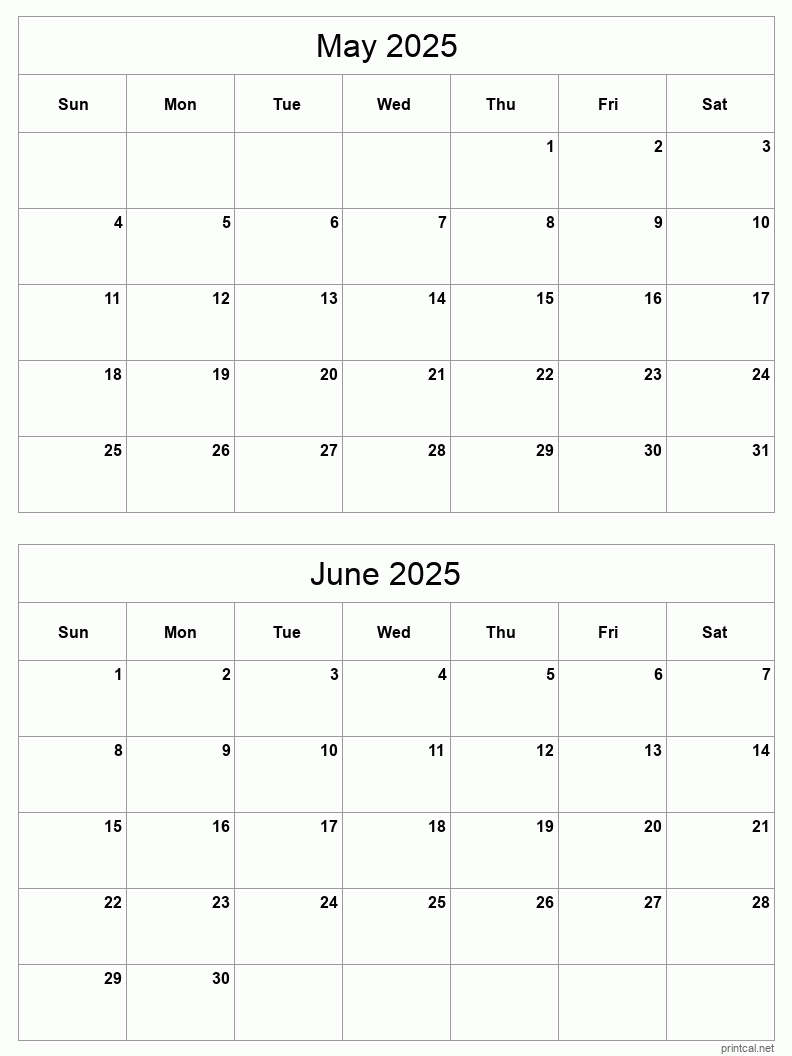 May To June 2025 Printable Calendar | Two Months Per Page in 2 Month Printable Calendar 2025 | CalendarCrazePrint.Com