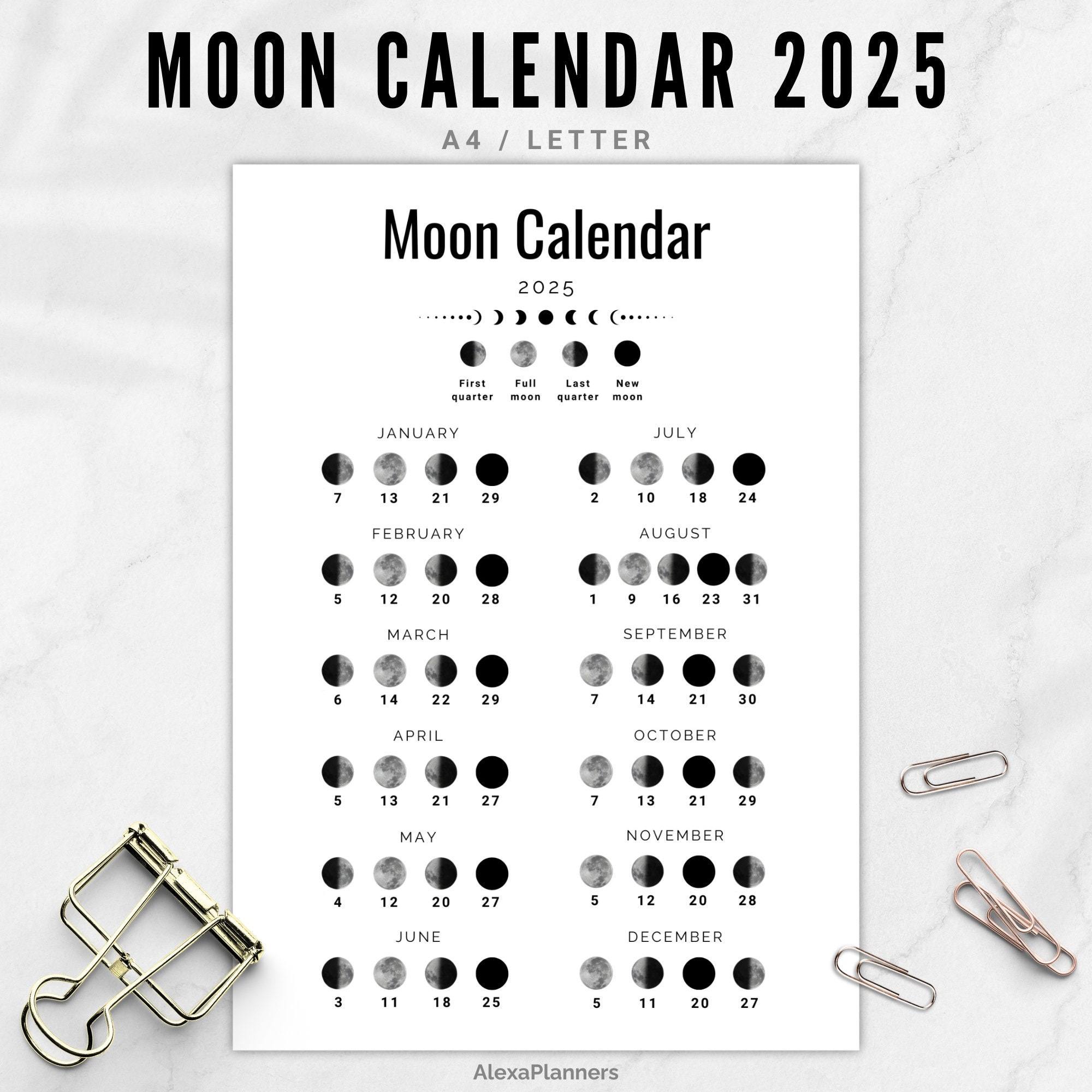 Mondphasenkalender 2025, Mondkalender In A4 / Letter Größe - Etsy.de for Printable Full Moon Calendar 2025 | CalendarCrazePrint.Com