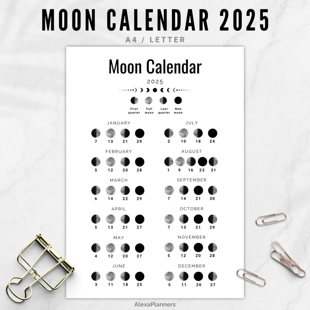 Mondphasenkalender 2025, Mondkalender In A4 / Letter Größe   Etsy.de Pertaining To Printable Moon Calendar 2025  | CalendarCrazePrint.Com