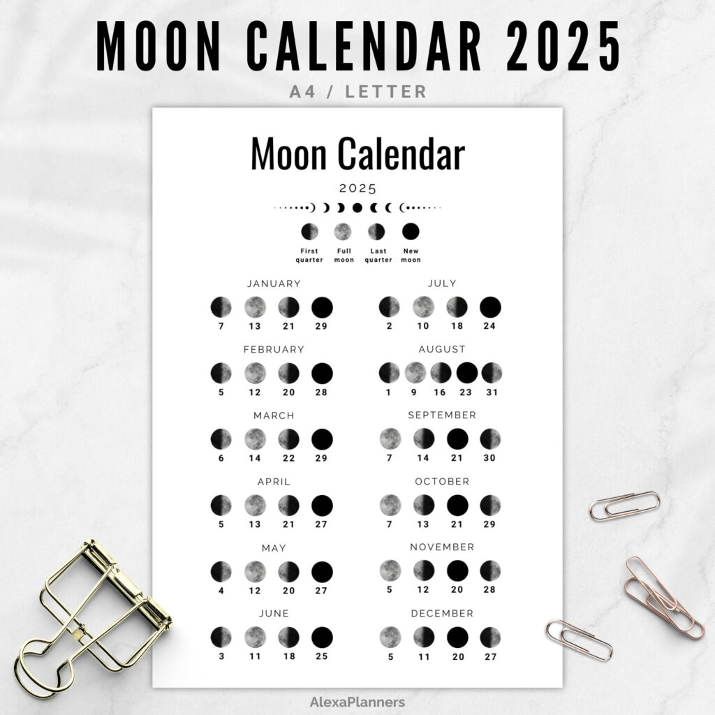 Moon Phase Calendar 2025, A4 / Letter Size Lunar Calendar   Etsy With 2025 Moon Calendar Printable  | CalendarCrazePrint.Com