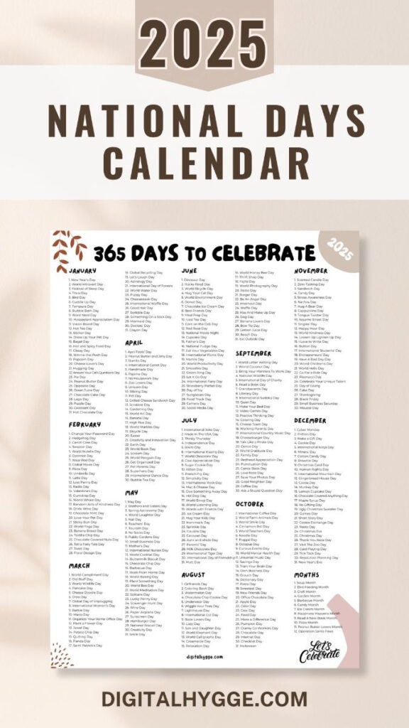 National Days And Holidays 2025 Printable Pdf Intended For  Calendars 2025 | CalendarCrazePrint.Com