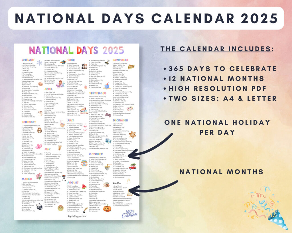 National Days Calendar Printable 2025 National Holidays Calendar With  Calendars 2025 | CalendarCrazePrint.Com