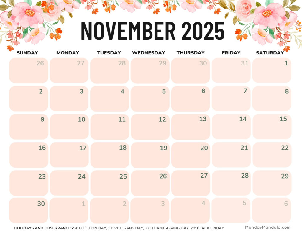 November 2025 Calendar (52 Free Pdf Printables) In  Calendars 2025 | CalendarCrazePrint.Com