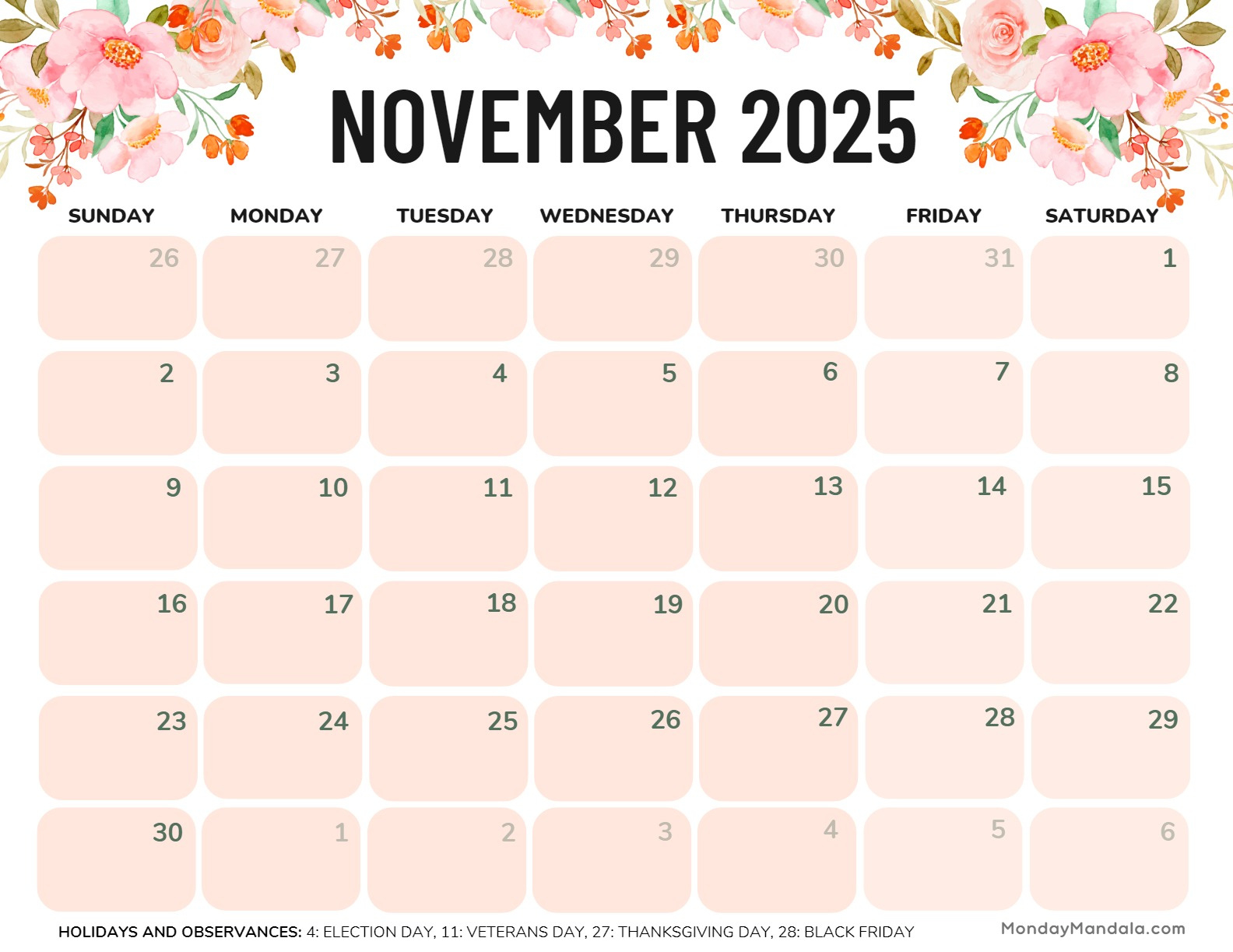 November 2025 Calendar (52 Free Pdf Printables) in Calendars 2025 | CalendarCrazePrint.Com