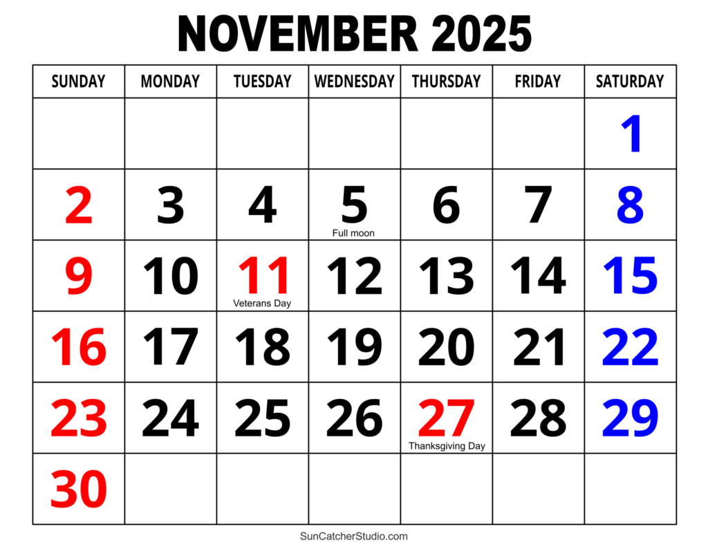 November 2025 Calendar (Free Printable) – Diy Projects, Patterns Throughout November 2025 Printable Calendar With Holidays | CalendarCrazePrint.Com