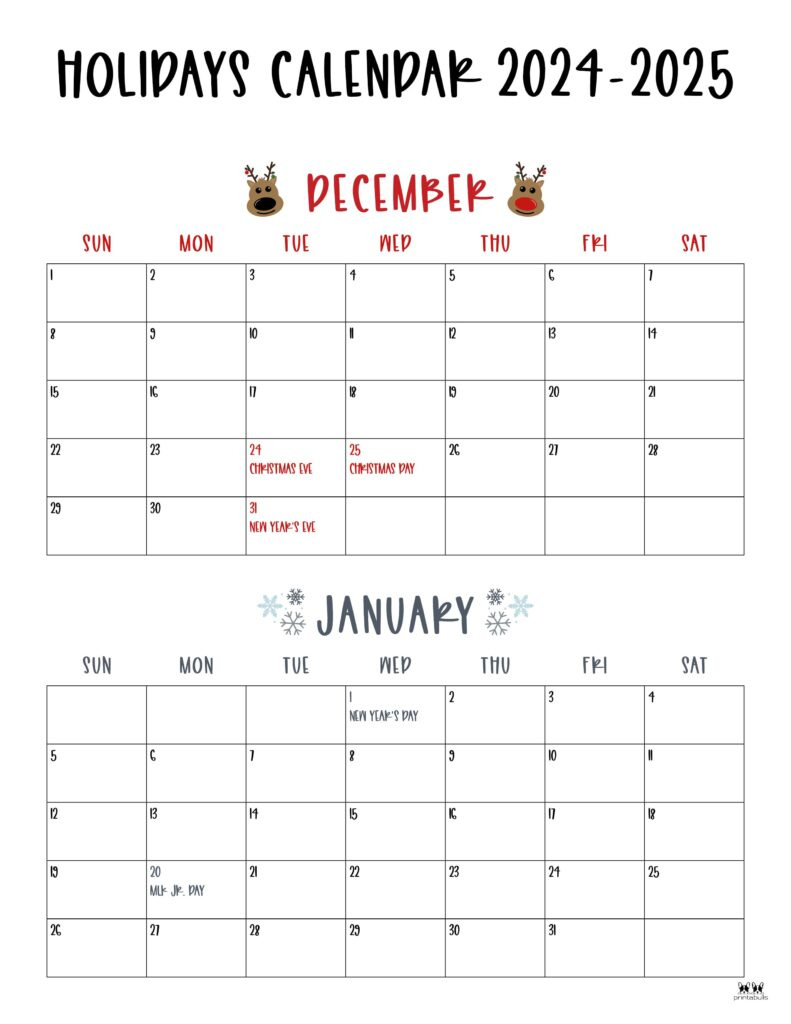 November December 2024 Calendars - 28 Printables | Printabulls for Calendars 2025 | CalendarCrazePrint.Com