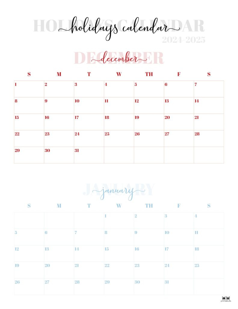 November December 2024 Calendars - 28 Printables | Printabulls inside Calendars 2025 | CalendarCrazePrint.Com