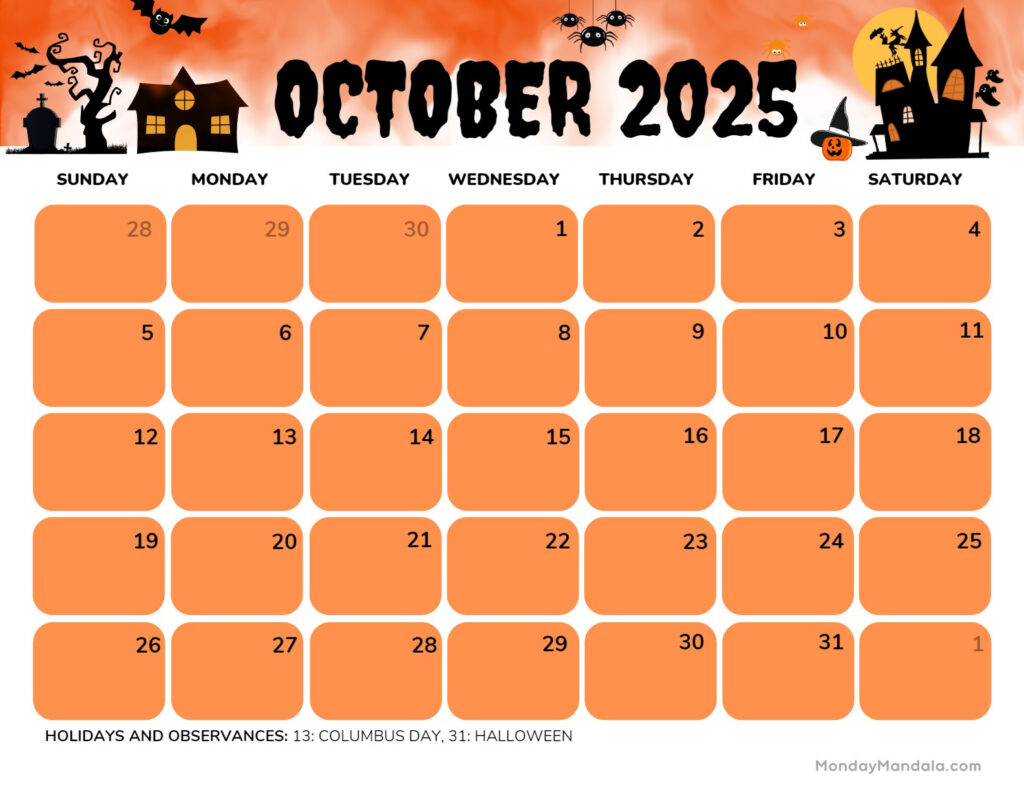 October 2025 Calendar (52 Free Pdf Printables) Intended For Free Printable October 2025 Calendar  | CalendarCrazePrint.Com