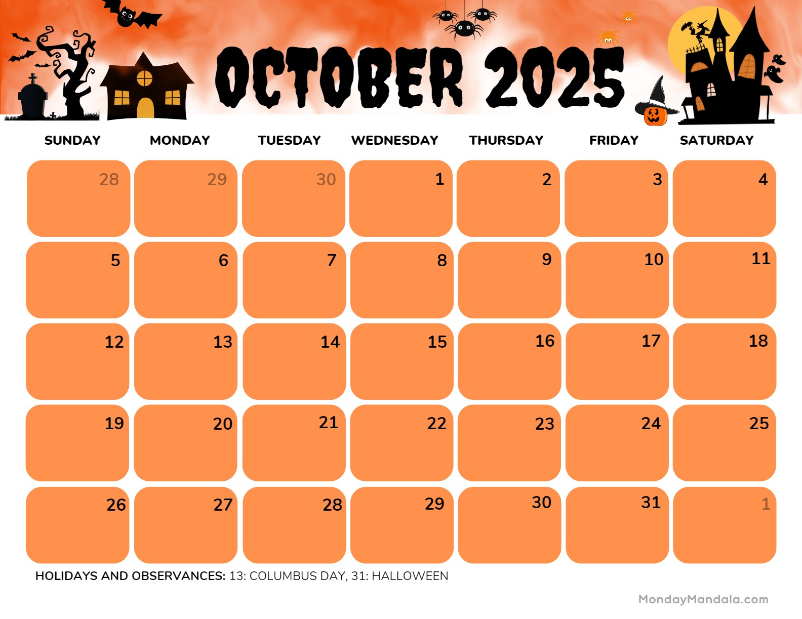 October 2025 Calendar (52 Free Pdf Printables) intended for Free Printable October 2025 Calendar | CalendarCrazePrint.Com