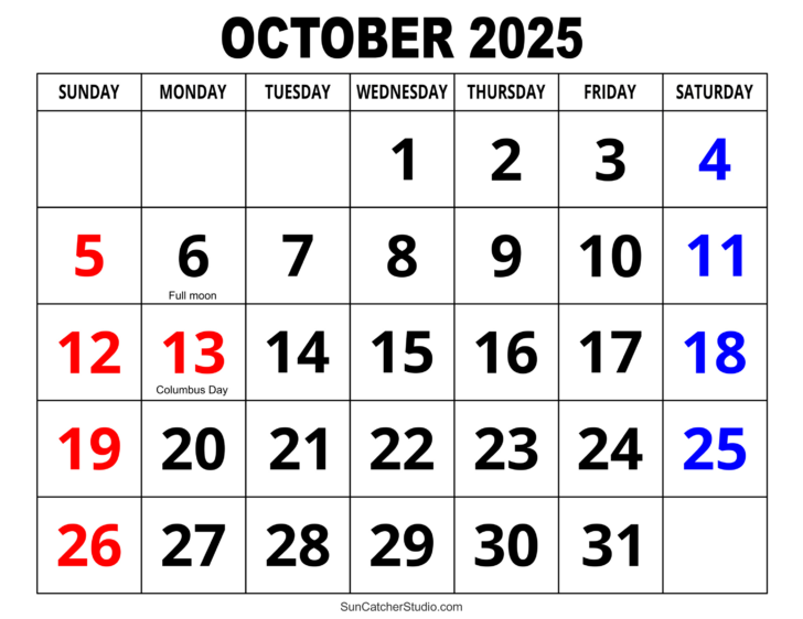 Free Printable Monthly Calendar October 2025 | Calendars 2025