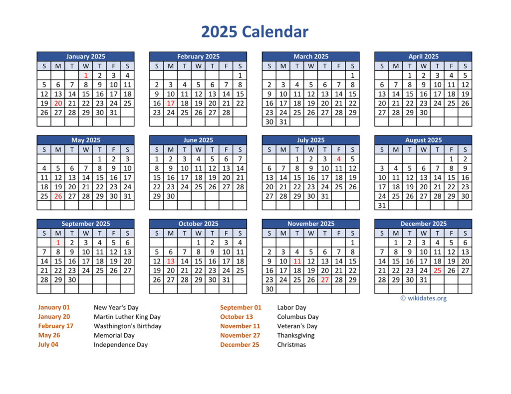 Pdf Calendar 2025 With Federal Holidays | Wikidates For  Calendars 2025 | CalendarCrazePrint.Com