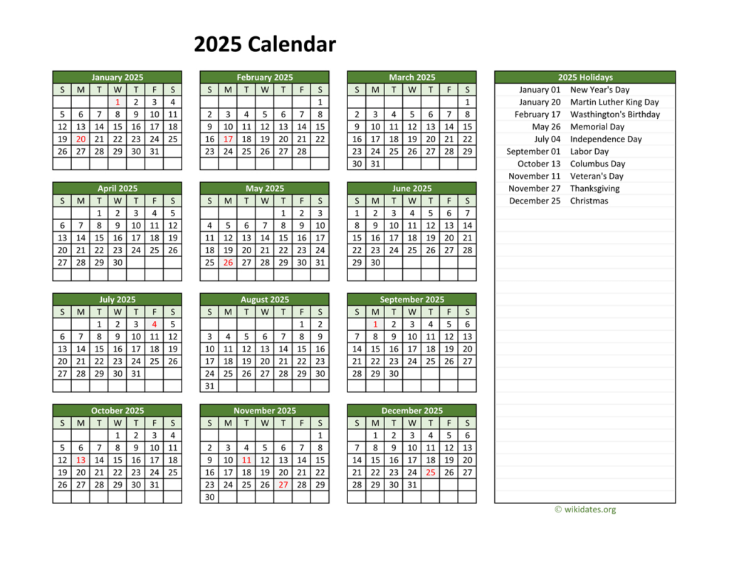 Printable 2025 Calendar With Federal Holidays | Wikidates For Free Printable 2025 Calendar With Federal Holidays | CalendarCrazePrint.Com