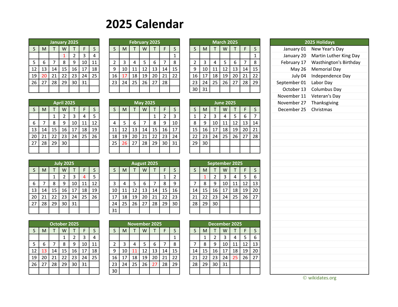 Printable 2025 Calendar With Federal Holidays | Wikidates for Free Printable 2025 Calendar With Federal Holidays | CalendarCrazePrint.Com