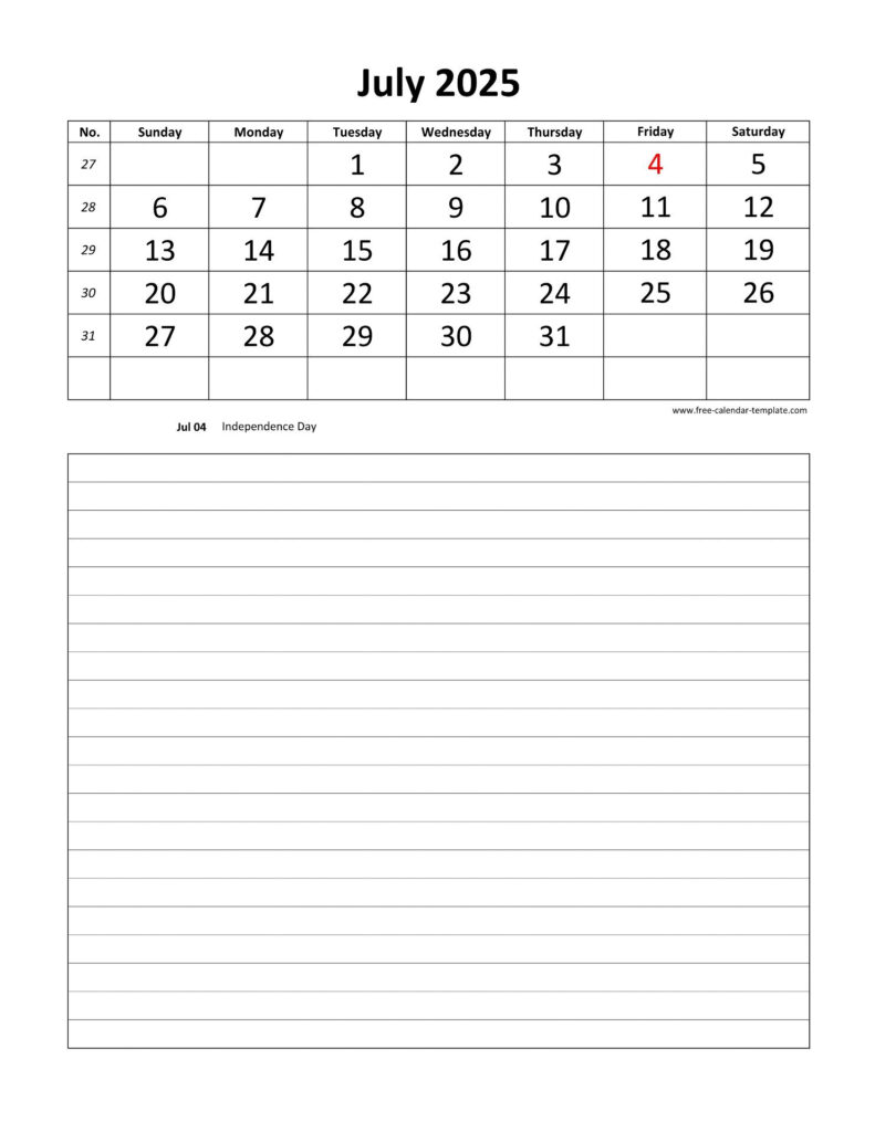 Printable 2025 July Calendar Grid Lines For Daily Notes (Vertical In 2025 Daily Calendar Printable  | CalendarCrazePrint.Com