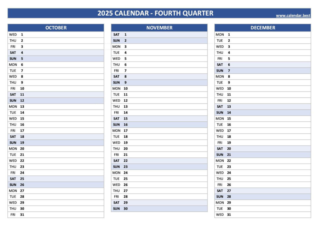 Printable 4Th Quarter 2025 Calendar Intended For  Calendars 2025 | CalendarCrazePrint.Com