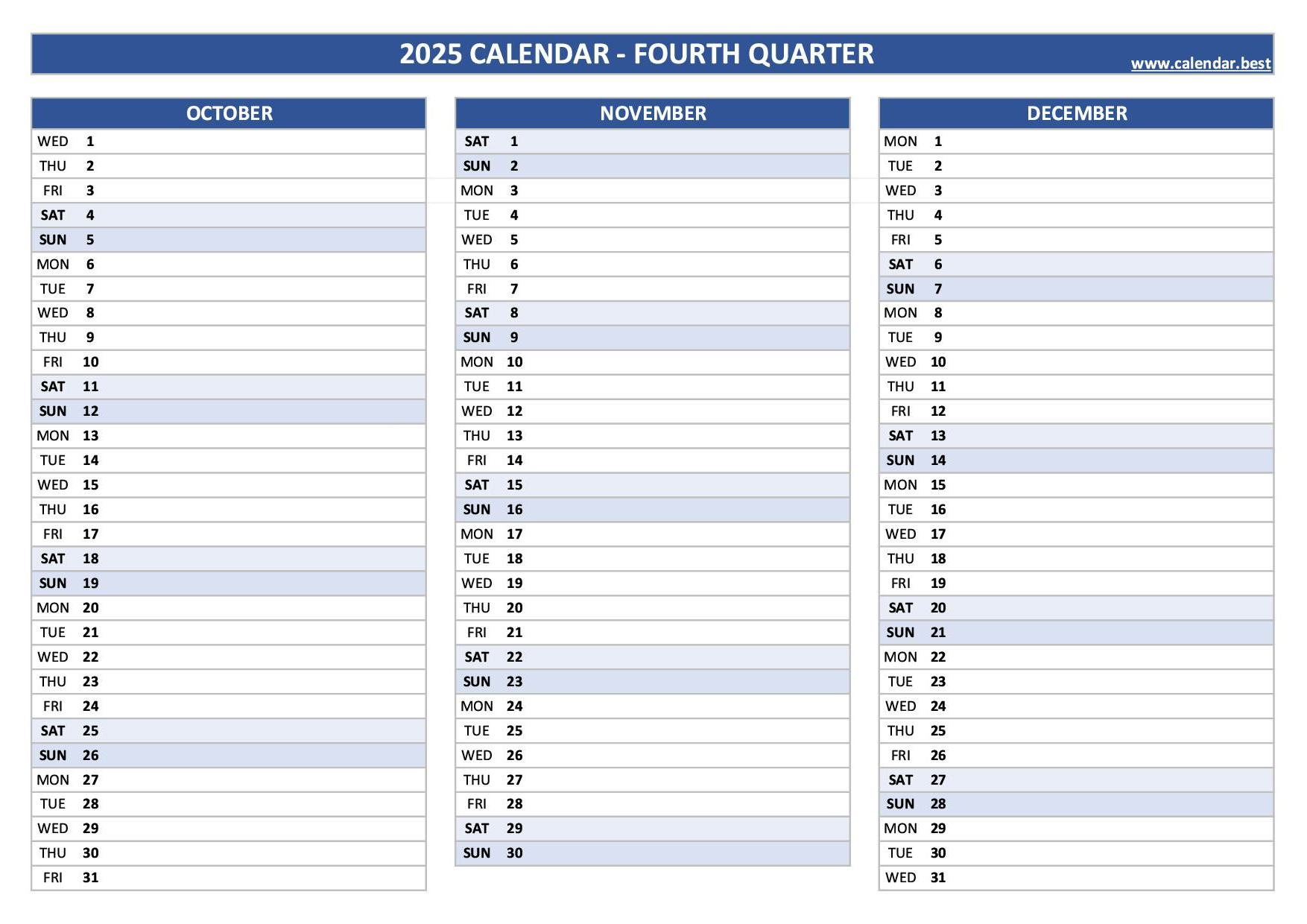 Printable 4Th Quarter 2025 Calendar intended for Calendars 2025 | CalendarCrazePrint.Com