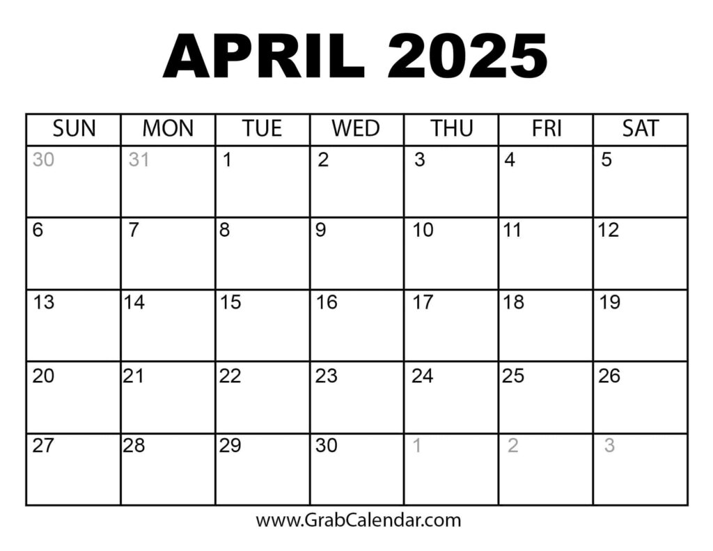 Printable April 2025 Calendar Intended For Printable Calendar March April May 2025 | CalendarCrazePrint.Com