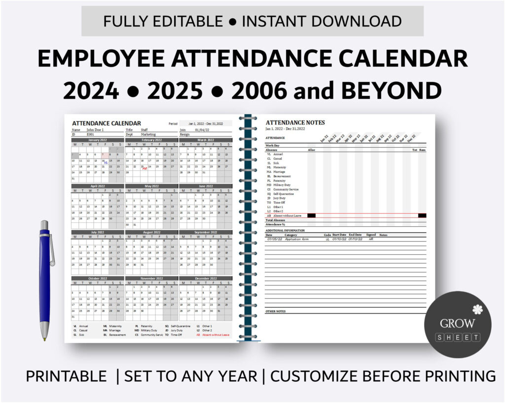 Printable Employee Attendance Calendar Custom Attendance Calendar In  Calendars 2025 | CalendarCrazePrint.Com