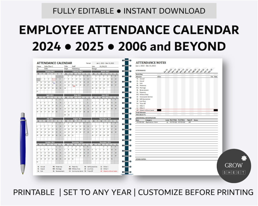 Printable Employee Attendance Calendar Custom Attendance Within 2025 Employee Attendance Calendar Printable Free | CalendarCrazePrint.Com