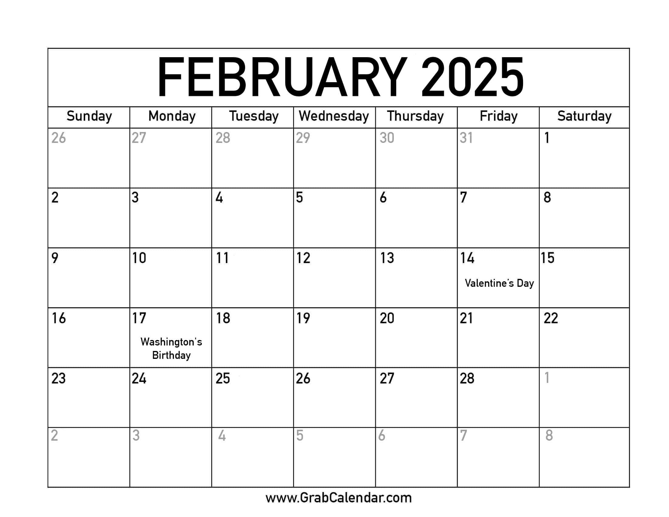 Printable February 2025 Calendar regarding Calendars 2025 | CalendarCrazePrint.Com