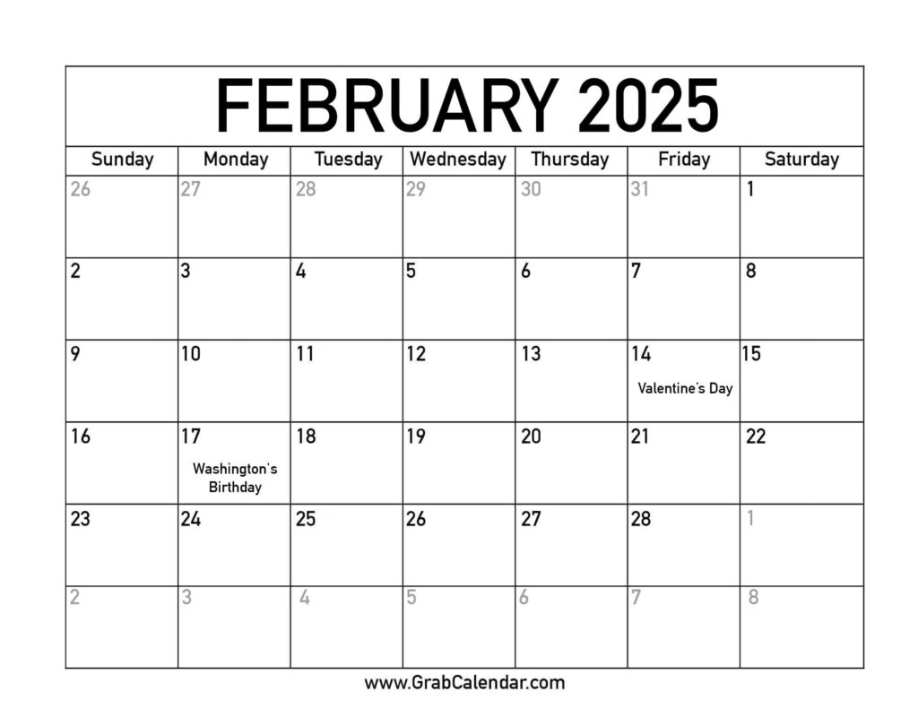 Printable February 2025 Calendar Throughout Free Printable February 2025 Calendar With Holidays  | CalendarCrazePrint.Com