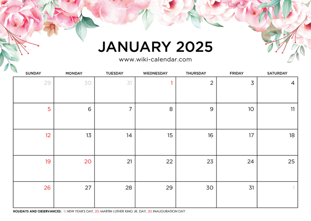 Printable January 2025 Calendar Templates With Holidays With Free Printable Calendar 2025 Wiki Calendar | CalendarCrazePrint.Com