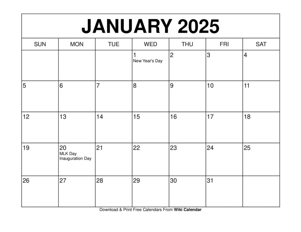 Printable January 2025 Calendar Templates With Holidays With Free Printable Calendar 2025 Wiki Calendar | CalendarCrazePrint.Com