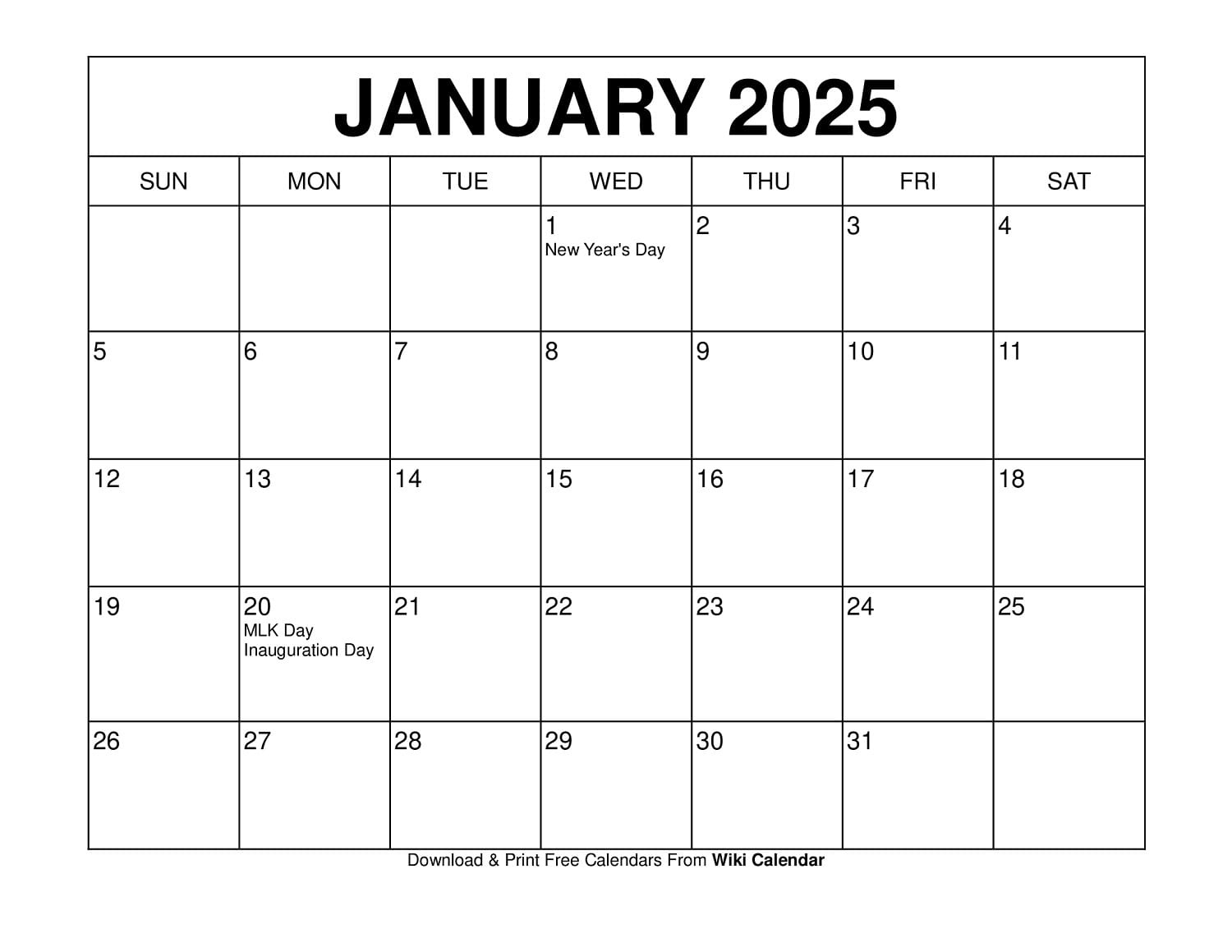 Printable January 2025 Calendar Templates With Holidays with Free Printable Calendar 2025 Wiki Calendar | CalendarCrazePrint.Com