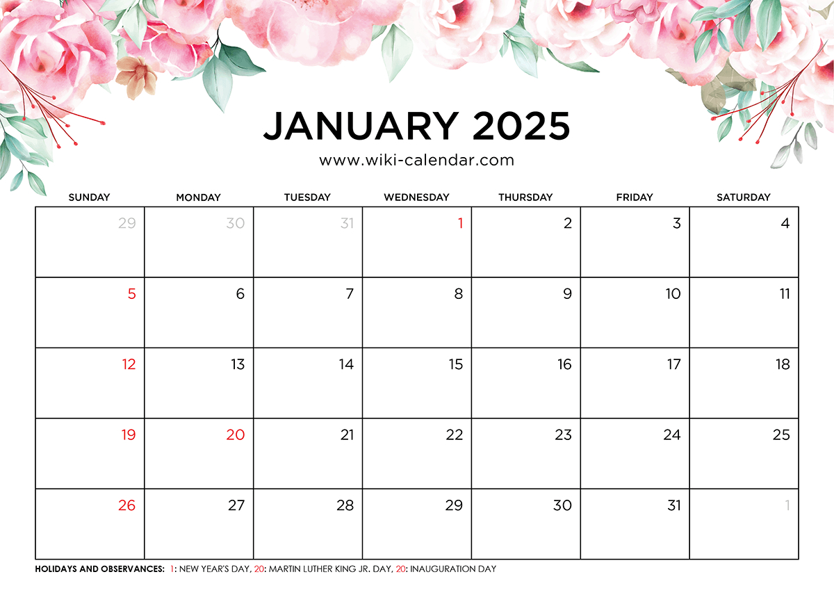 Printable January 2025 Calendar Templates With Holidays with Free Printable Calendar 2025 Wiki Calendar | CalendarCrazePrint.Com