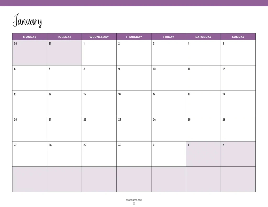 Printable January 2025 Calendars | Free Pdf Downloads in Workout Calendar 2025 Printable | CalendarCrazePrint.Com