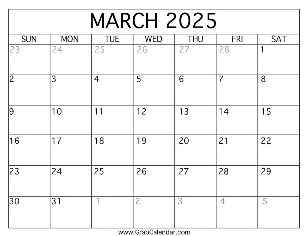 Printable March 2025 Calendar For March Calendar 2025 Free Printable  | CalendarCrazePrint.Com