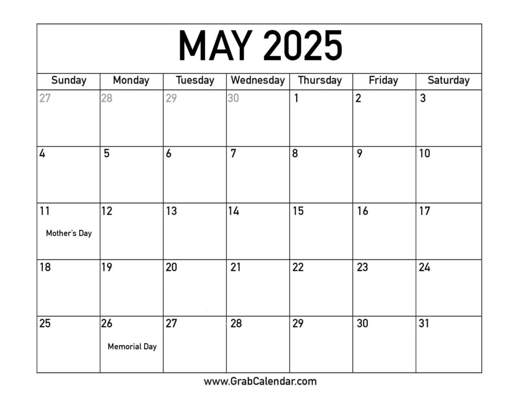 Printable May 2025 Calendar For May 2025 Calendar With Holidays Printable | CalendarCrazePrint.Com