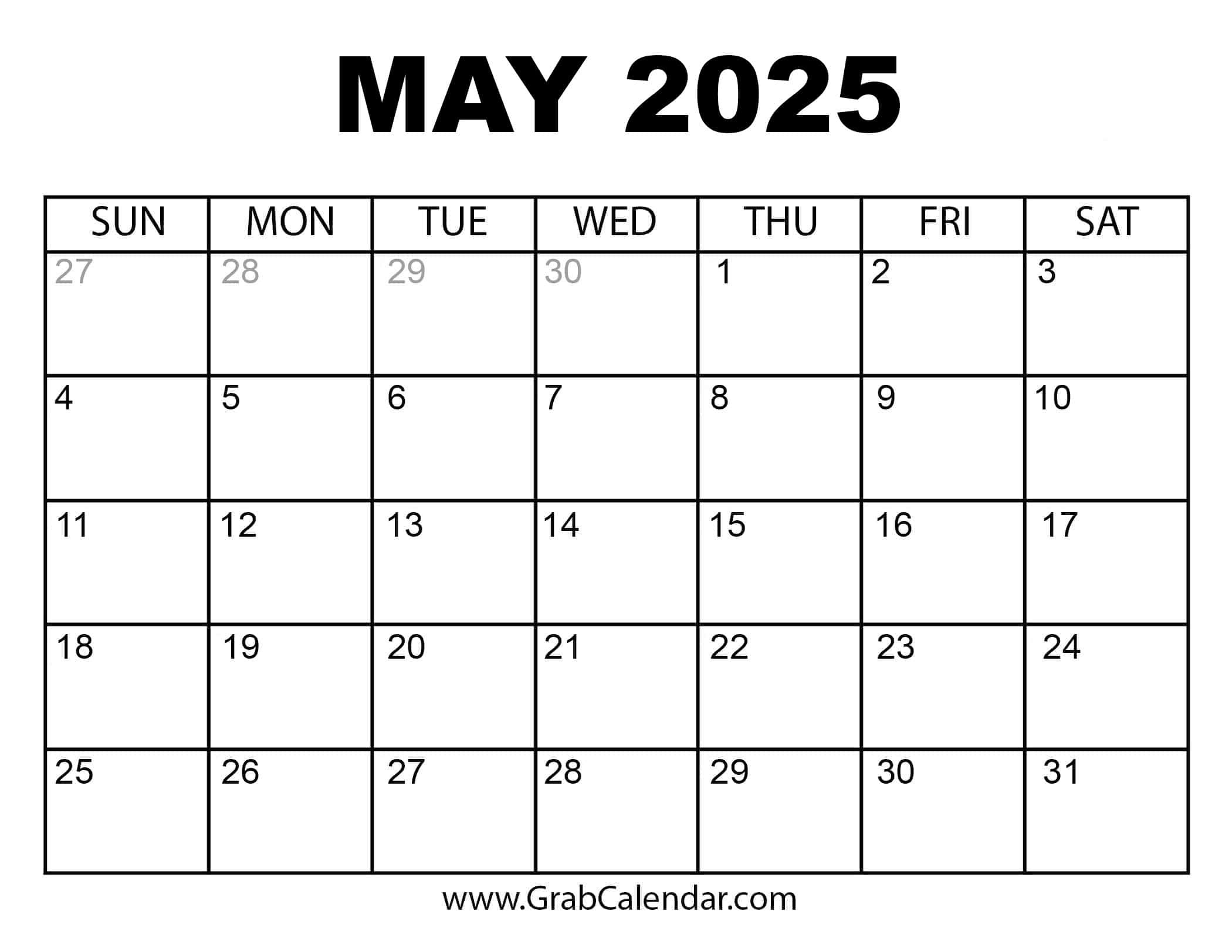 Printable May 2025 Calendar in Calendars 2025 | CalendarCrazePrint.Com