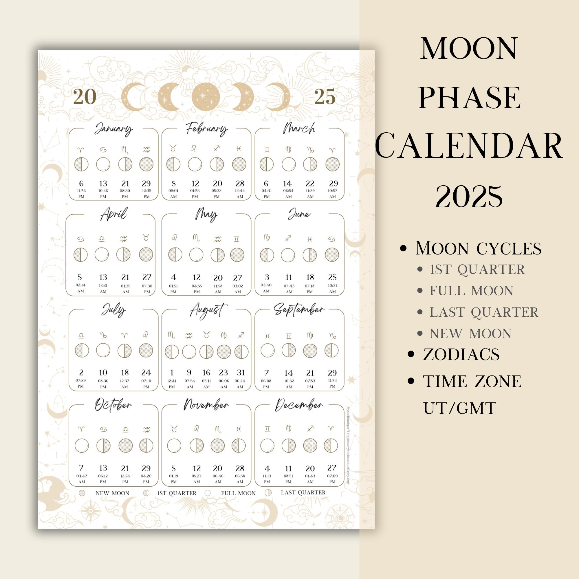 Printable Pdf Lunar Calendar, Moon Phase Calendar 2025 - Etsy in Calendars 2025 | CalendarCrazePrint.Com