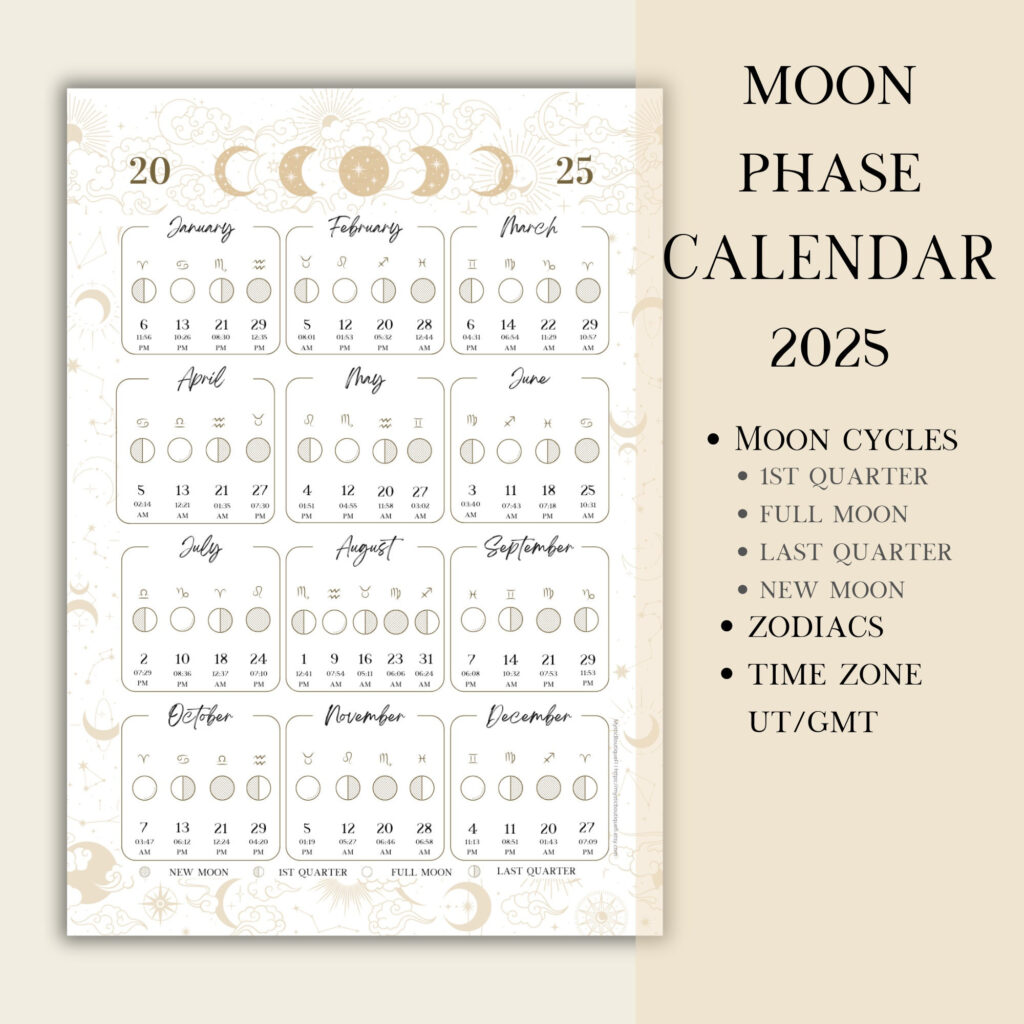 Printable Pdf Lunar Calendar, Moon Phase Calendar 2025   Etsy Inside  Calendars 2025 | CalendarCrazePrint.Com