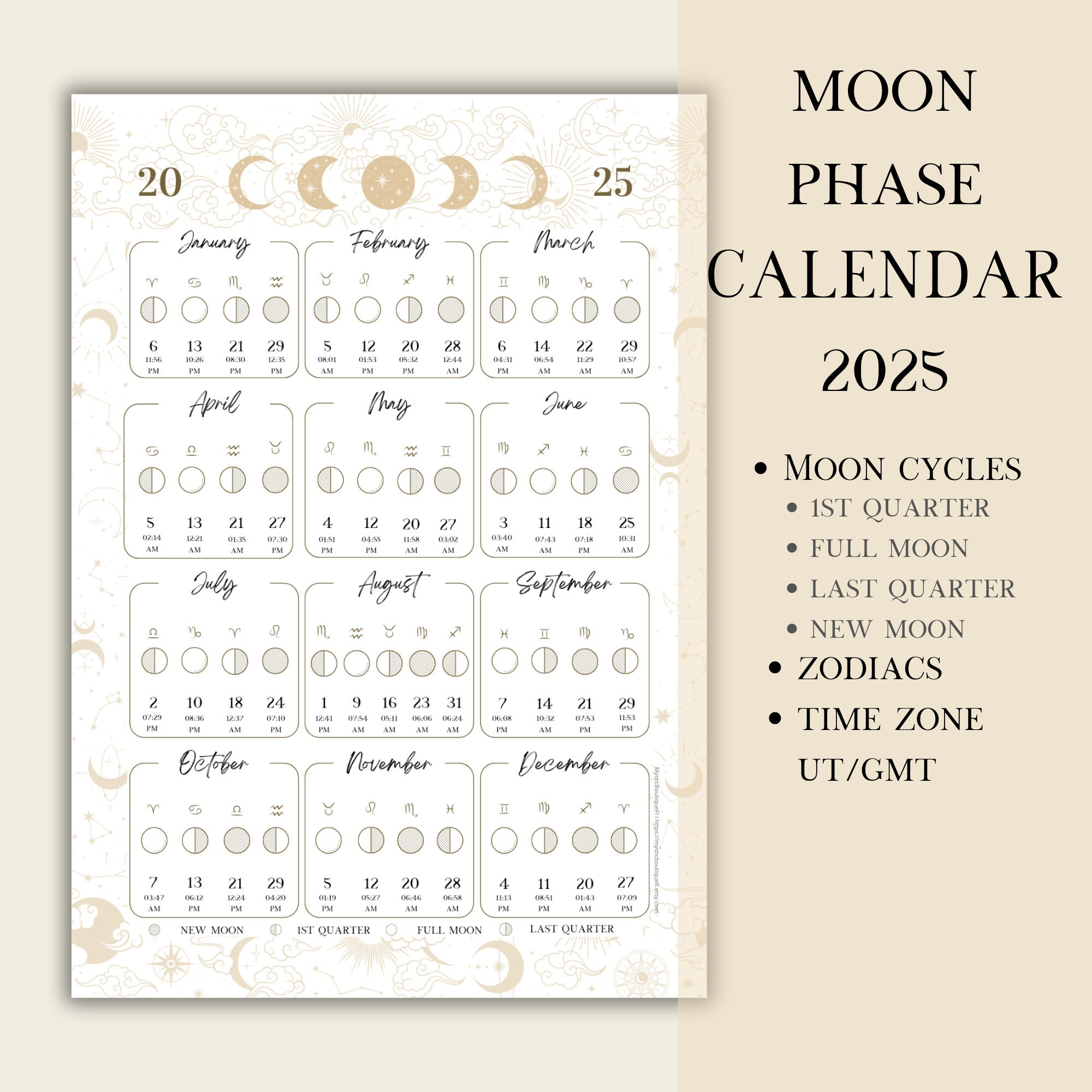 Printable Pdf Lunar Calendar, Moon Phase Calendar 2025 - Etsy inside Calendars 2025 | CalendarCrazePrint.Com