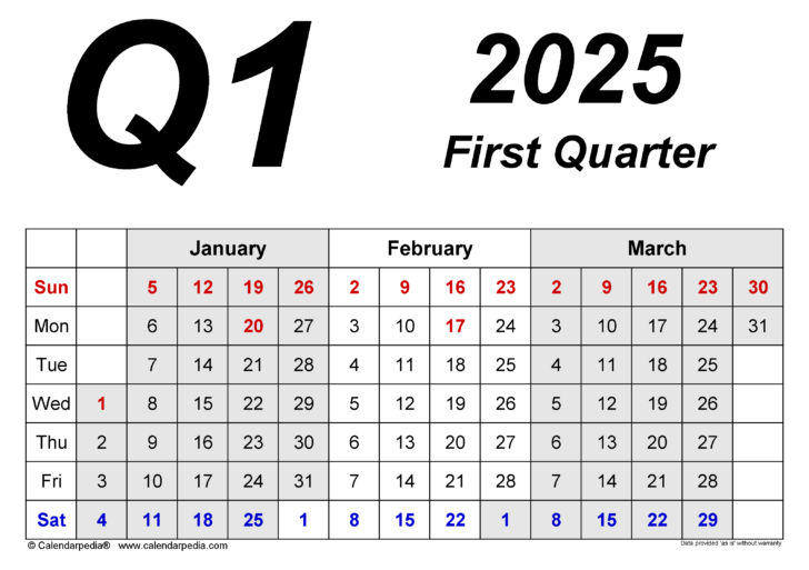 2025 Q1 Calendar Printable | Calendars 2025