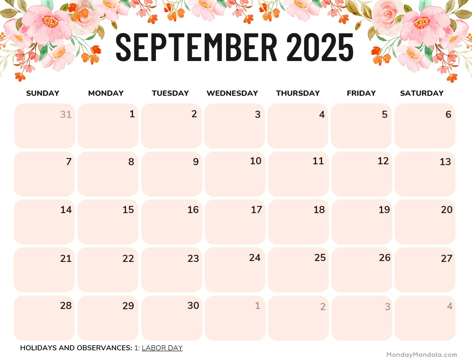 September 2025 Calendar (52 Free Pdf Printables) throughout Calendars 2025 | CalendarCrazePrint.Com