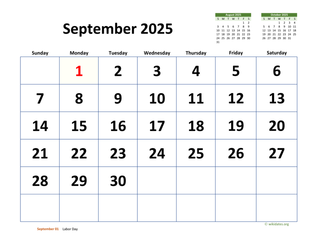 September 2025 Calendar With Extra Large Dates | Wikidates Intended For Printable Calendar September 2025 June 2025  | CalendarCrazePrint.Com