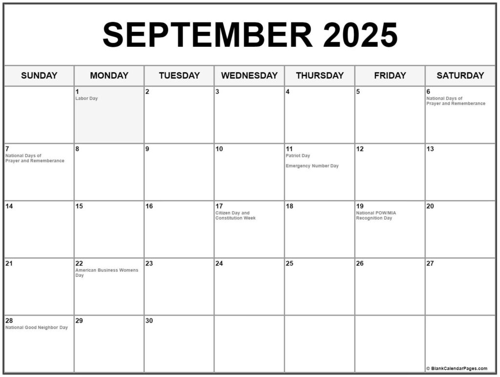 September 2025 With Holidays Calendar In  Calendars 2025 | CalendarCrazePrint.Com